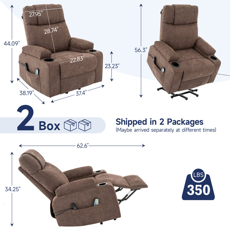 Fauteuil inclinable électrique surdimensionné avec fonction massage et chauffage, port USB et porte-gobelets