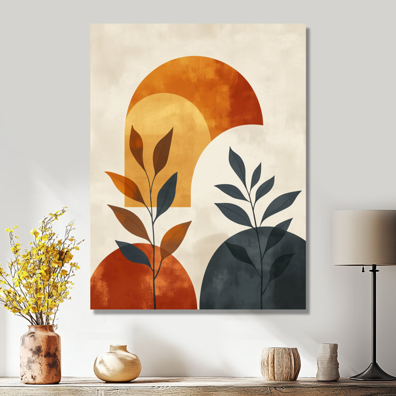 Orange et noir minimaliste géométrique botanique - Boho abstrait, décoration murale en métal, L 30 po x H 40 po