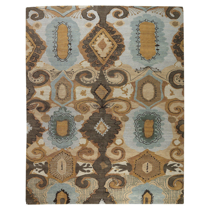 Can-Can Provence Wool Geometric Area Rug in Blue/Brown/Gold, Rectangle 8' x 10'