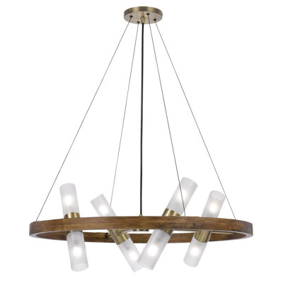 Lustre cylindrique en bois de bouleau Hempstead de Cal Lighting avec abat-jour en verre et laiton antique, 33 cm de hauteur.