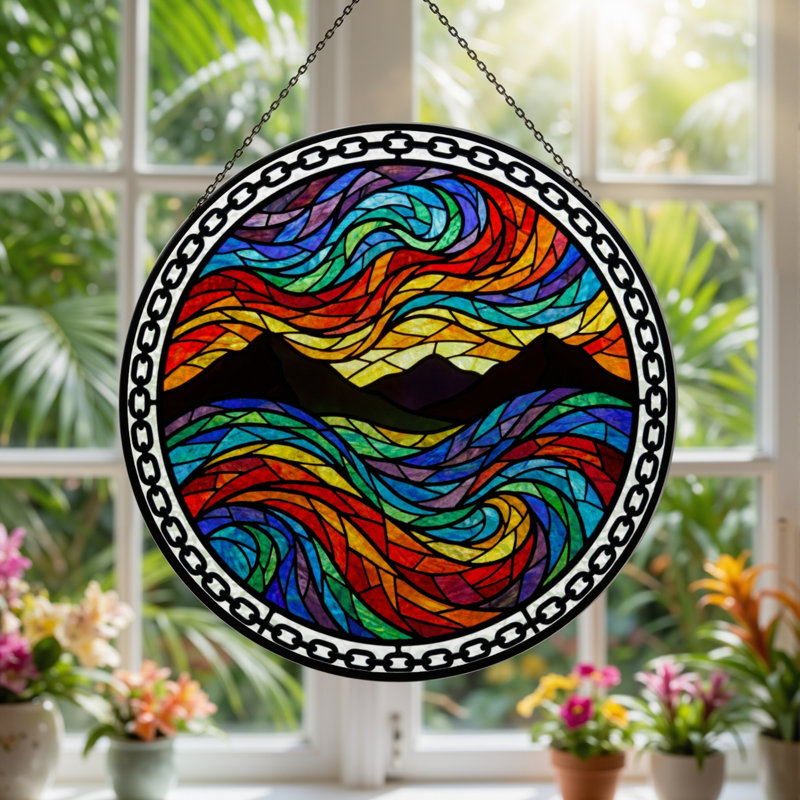 Panneau de vitrail en verre coloré 7,8 "H Rainbow Waves, H 7,8 po x l 7,8 po