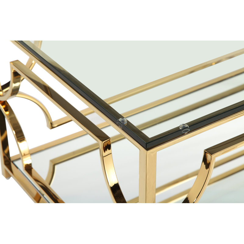Pangea Home 2-Tiered Mirrored Benson Edward 4 Legs Coffee Table with Storage - Modern Rectangle 47" Coffee Table – Tempered Glass Top - Living Room, Bedroom, Office - Gold Glass Coffee Table