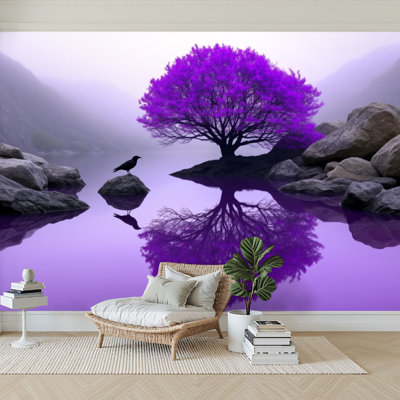 Peel and Stick Wallpaper 144" W x 100" H Modern Self Adhesive Wall Mural for Bedroom Purple Blossom Tree Reflected Serene Water Rocks Bird
