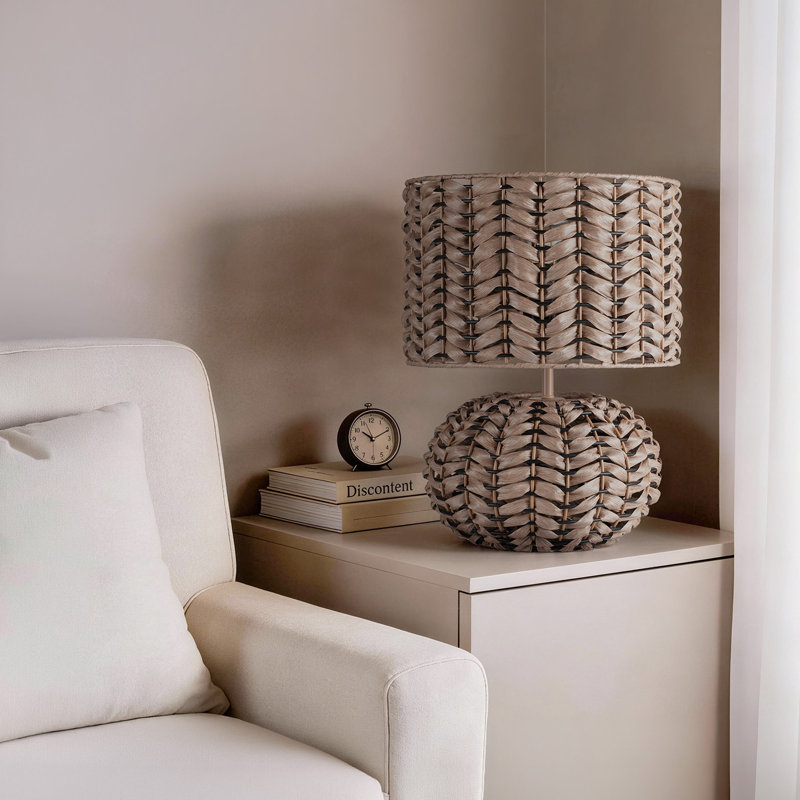 15.67" Brown Boho Table Lamp with Round Sphere Woven Base