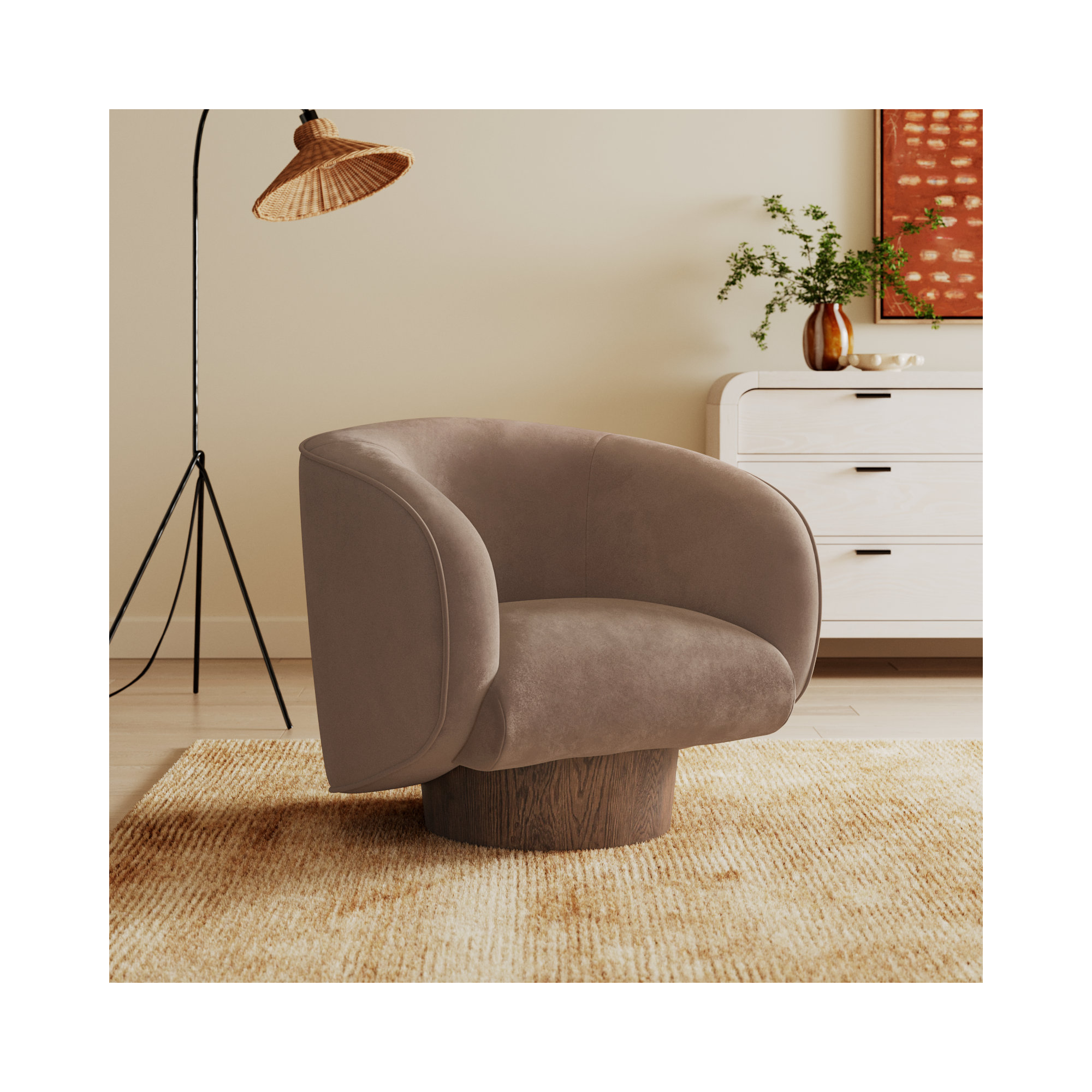 Nadine Upholstered Swivel Barrel Chair, Brown, Grey