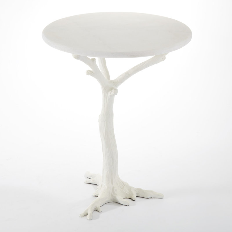 White Powder-Coated Round Stone and Metal Side Table