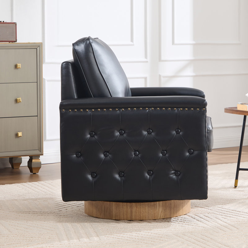 Upholstered Swivel Accent Chair With Nailhead Trim Armrest, Black