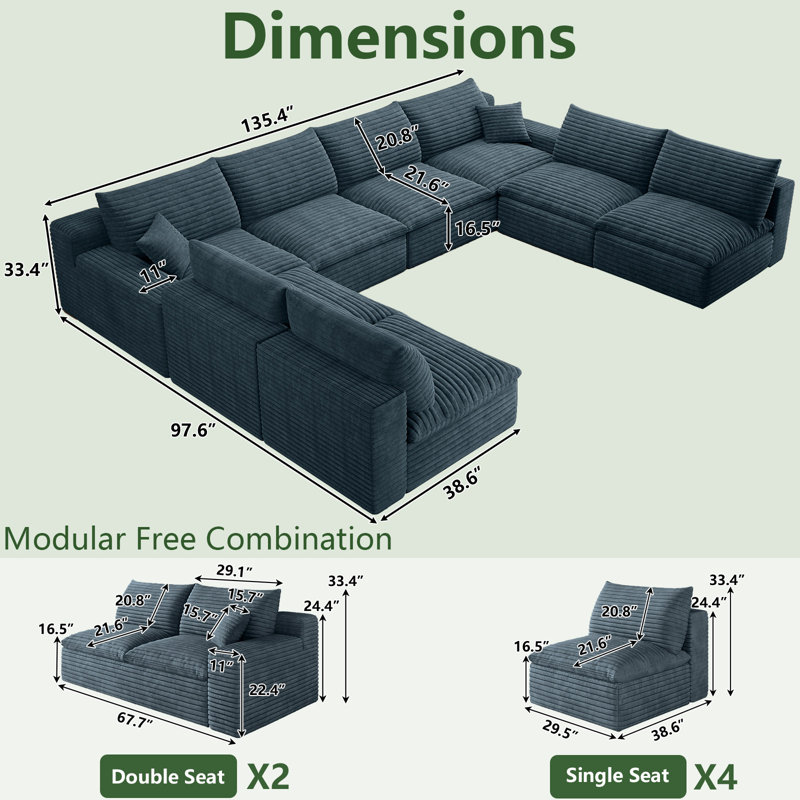 Canapé d'angle modulaire surdimensionné Cloud Couch de 344 cm (135,5 pouces) pour salon, canapé moderne avec assise profonde, canapé 8 places sans structure, canapés confortables rembourrés pour appartement, studio, bureau
