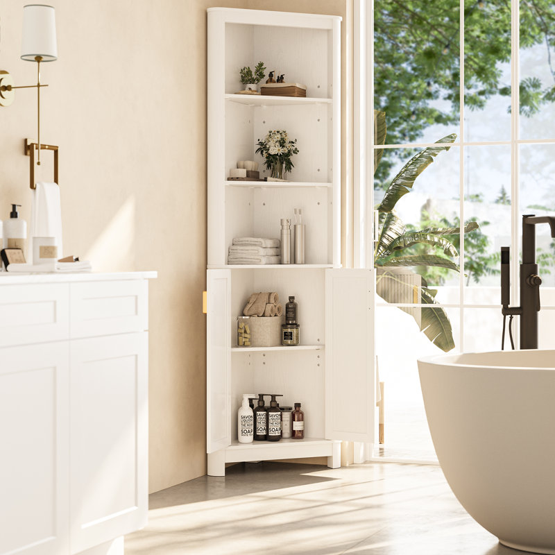 68" Tall Fluted Corner Cabinet For Bathroom, Modern Living Room & Kitchen - Adjustable Shelves, Space-saving Natural Oak Storage, Curved Profile Design