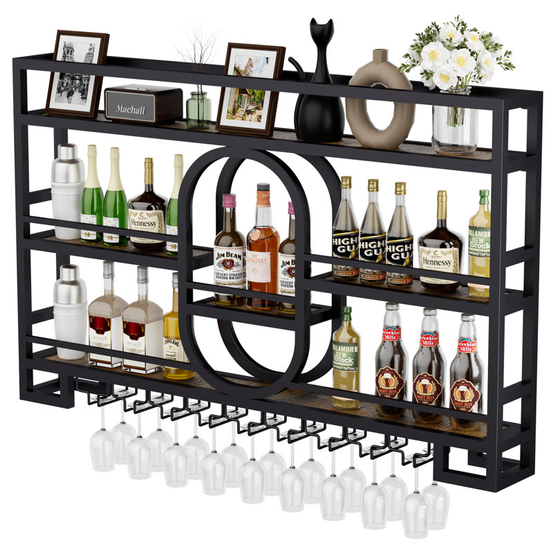 3-Tiers Wine Rack Wall Mounted No LED, 24 Wine Bottles, 29.9" H x 47.4" W x 5.9" D
