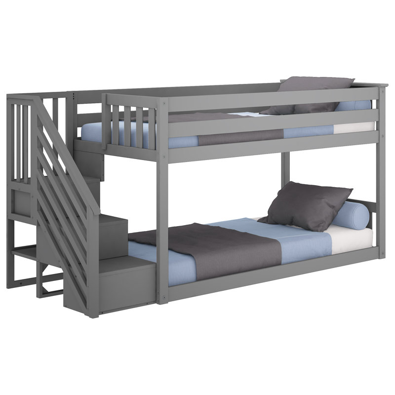 Kean Twin Over Twin Solid Wood Low Bunk Bed with Stairs, Gray