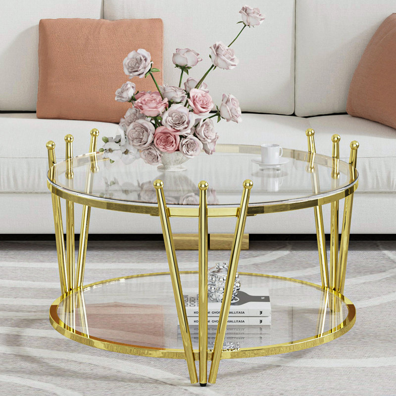 Table basse 31,5 "pour le salon, pieds en acier inoxydable, table ronde avec centre en verre trempé transparent de 8 mm