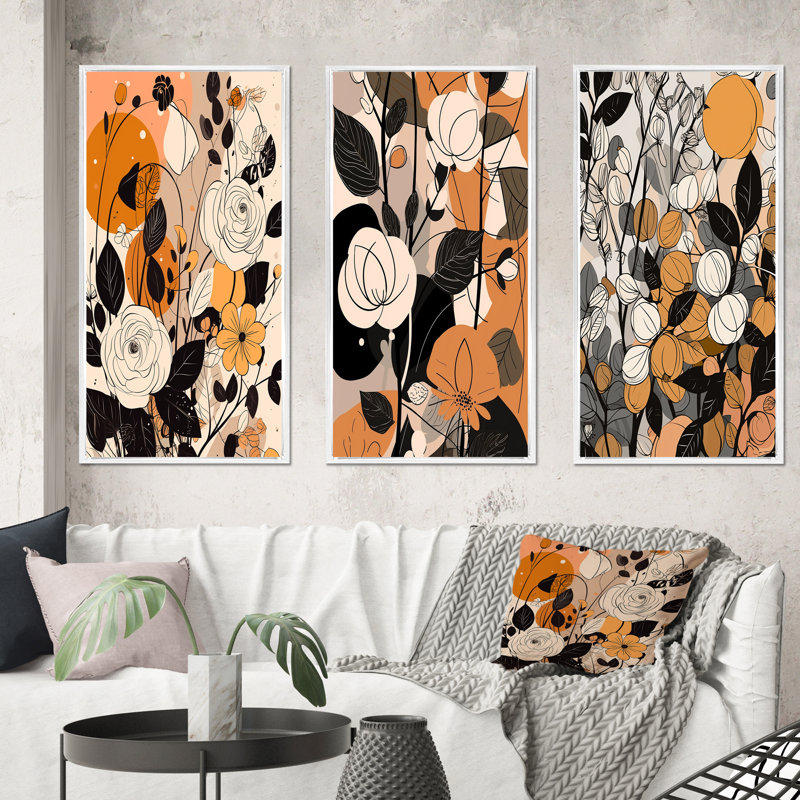 «Retro Terracotta Roses Illustration», 3 pièces, H 20 po x l 36 po, Cadre flottant blanc