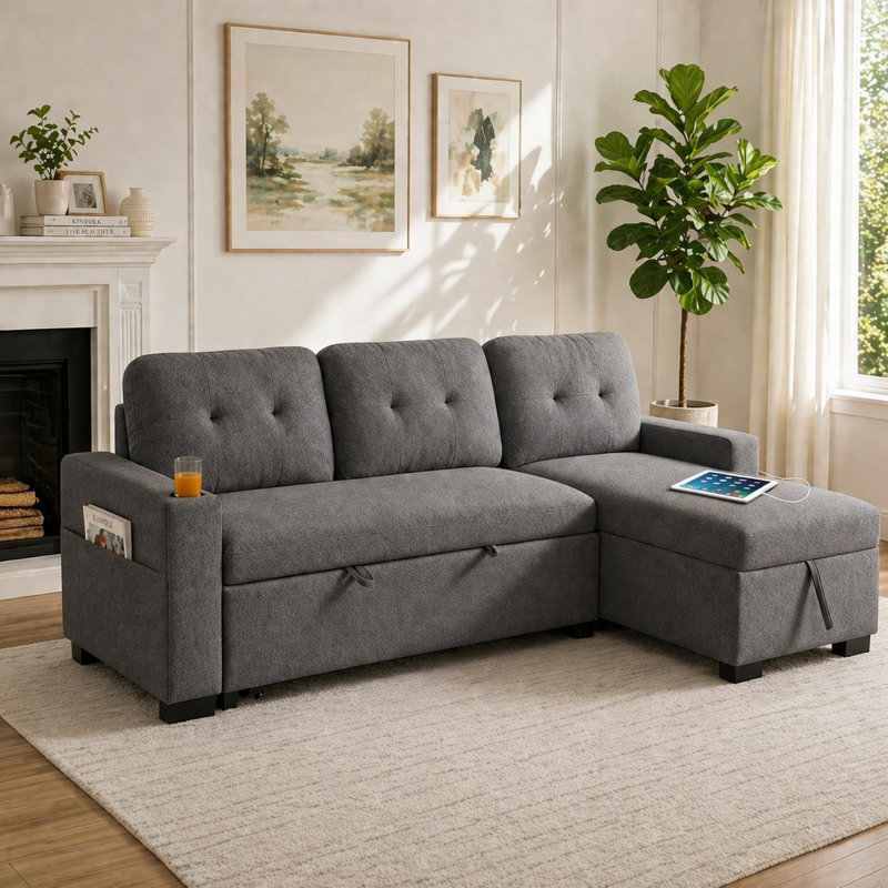 82" Sleeper Sectional Sofa with Pull-Out Bed, Convertible L-Shaped Couch with Reversible Storage Chaise, USB Ports, Cup Holders & Side Table for Living Room, Small Space, Apartment
