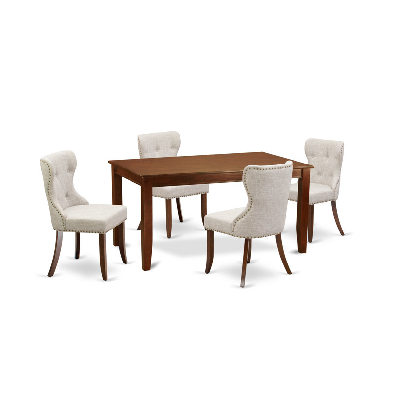 5 Piece Dining Set Includes a Rectangle Dining Room Table and 4 Doeskin Linen Fabric Upholstered Parson Chairs, Mahogany, 5