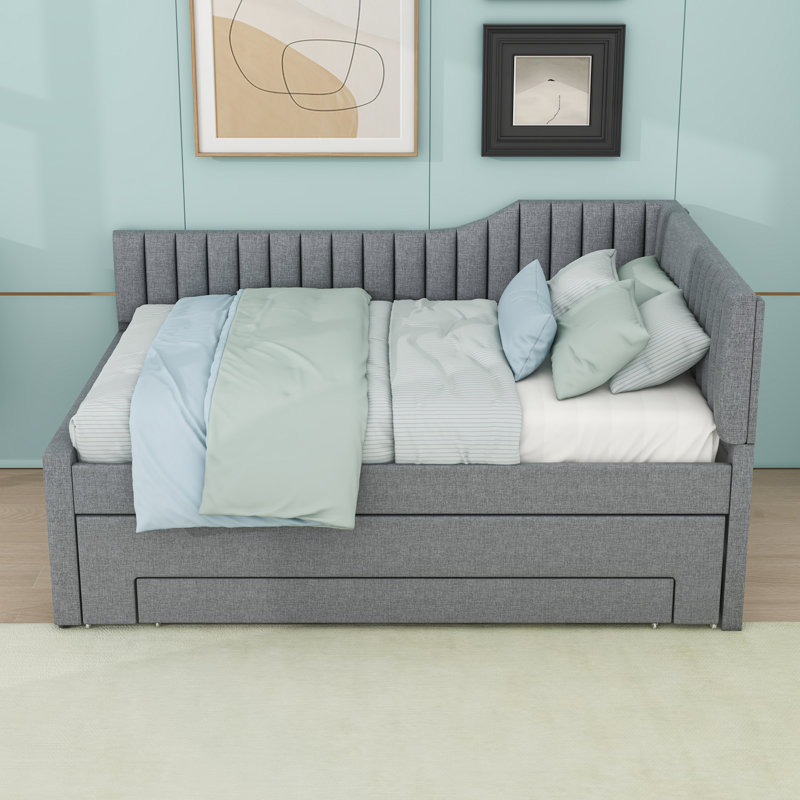 Upholstered Daybed with Trundle and Drawers, Gray, Full/Double
