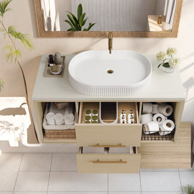 Space-saving Modern Vanity Cabinet With Oval Ceramic Sink, Durable Wood Design For Bathrooms