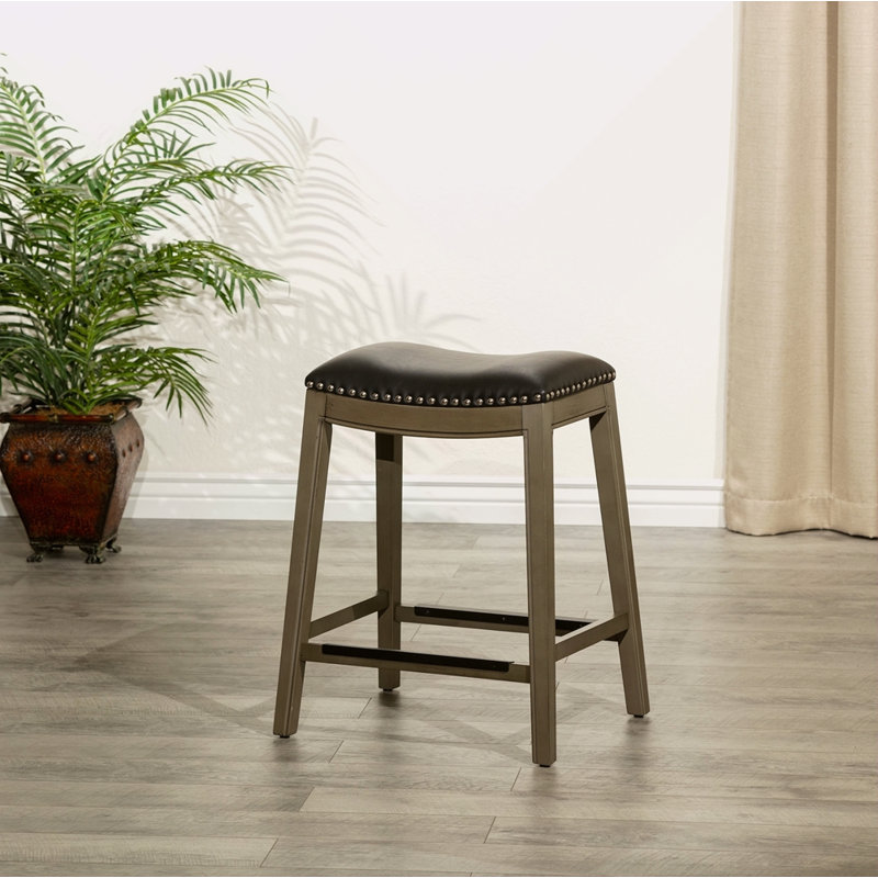 Tabouret à hauteur de comptoir 24 po, siège en cuir gris vieilli, Gris, Noir