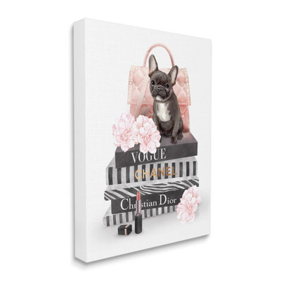 Bouledogue français, pivoines roses, art graphique sur plaque murale, par Ziwei Li