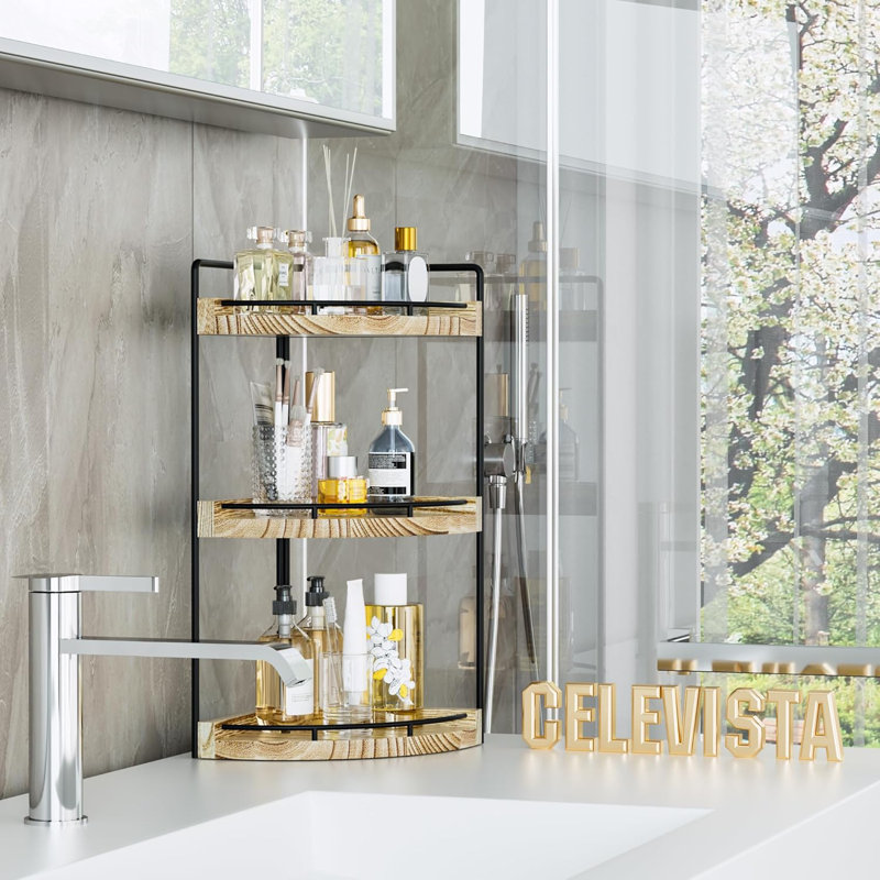 Organisateur de coin de comptoir de salle de bain, comptoir de rangement de salle de bain à 3 niveaux pour les soins de la peau, tablette de lavabo pour décor de cuisine, meuble-lavabo, commode, maquillage, cadeau (brun rustique)