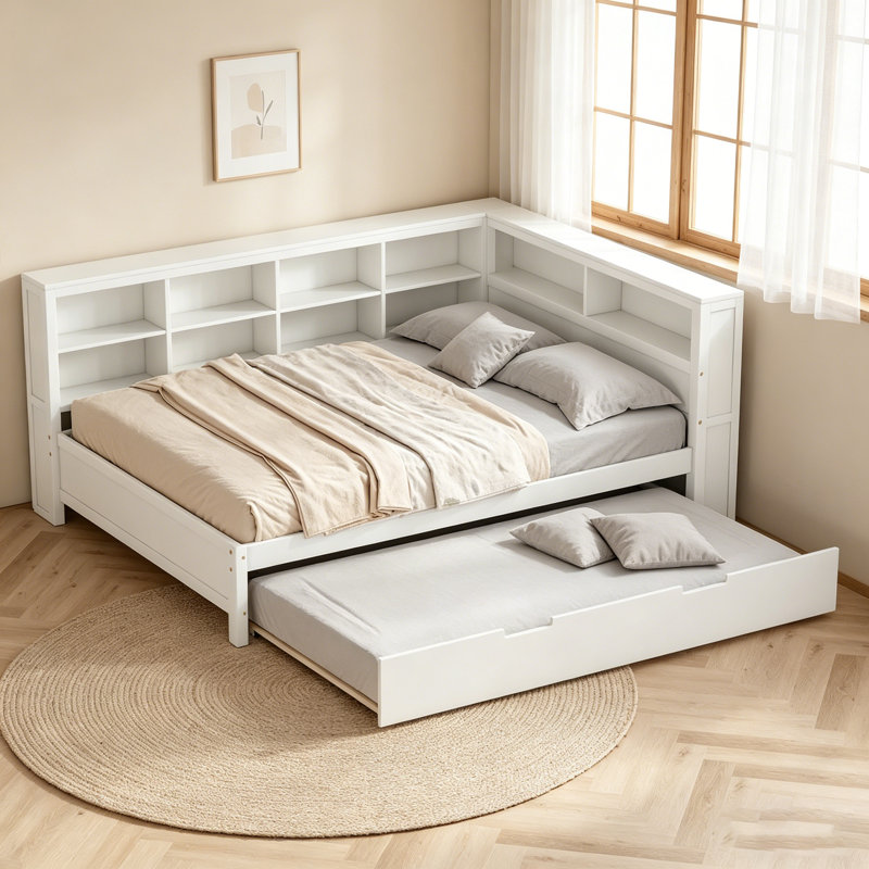 Wooden Full Size Daybed With Twin Trundle, Storage Shelf, And USB Charging Ports For Modern Living
