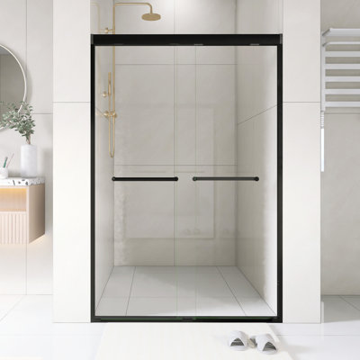 44 po -48 po L 72 po H Double porte de douche coulissante avec verre trempé de 1/4 po noir mat | Film anti-déflagrant en aluminium | Poignée en acier inoxydable