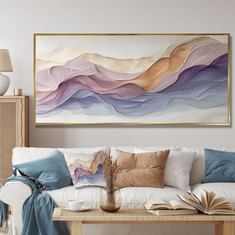 «Lavender Soft Tones», impression numérique sur toile à encre liquide abstraite, H 28 po x l 60 po, Cadre flottant, Doré