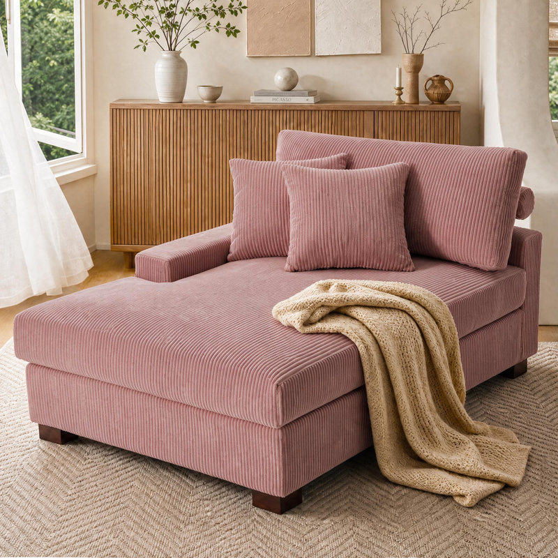 Chaise longue surdimensionnée en velours côtelé avec accoudoirs et coussins Milbrey, Face à la gauche, Rose, Velours côtelé