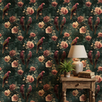 Papier peint floral perroquets rétro
