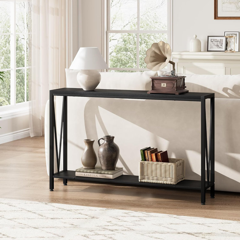 Industrial Console Table, 2 Shelf Entryway Table With Storage, Narrow Sofa Table With V Design, 43" Console Table For Entryway, Living Room, Hallway, Foyer