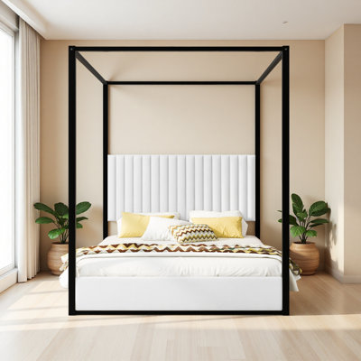 Queen Size Upholstery Canopy Platform Bed With Headboard And Metal Frame
