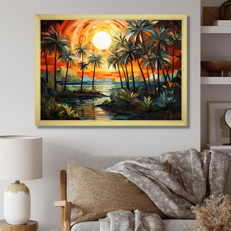 «Orange Palm Trees Mosaic» - impression, H 12 po x l 20 po x P 1 po, Encadrement doré