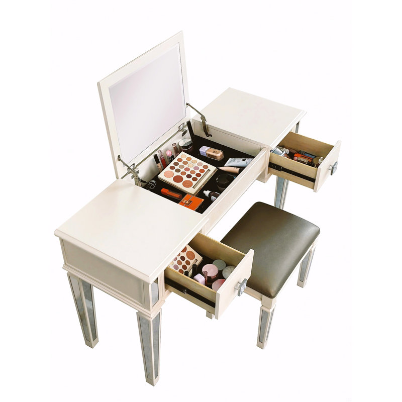 Mirrored Vanities Desk With Drawers, Bedroom Makeup Vanity Table Set With Mirror And Stool, Flip Up Dressing Table, White