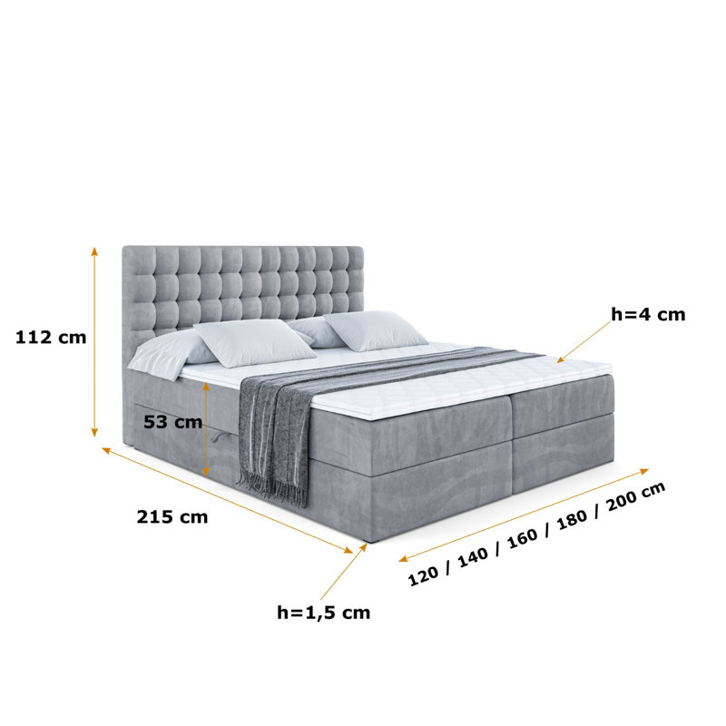 Bed with Mattress, 200 x 200 cm, Grey