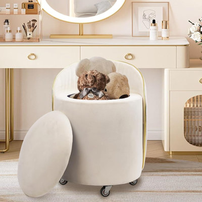  Round Storage Ottoman, Upholstered Velvet Vanity Stool with Lumbar Support, Swivel Rolling Wheels, Small Foot Stools Coffee Table Padded Seat for Makeup Room, Living Room, Bedroom Beige