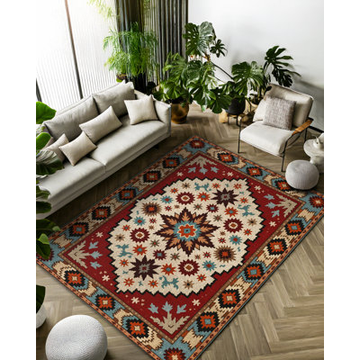 Nancy Collection Digital Print Cotton-Polyester Burgundy Colourful Moroccan Rug