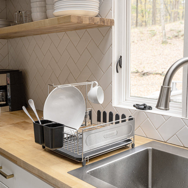 Compact Stainless Steel Dish Rack with Utensil Cup and Wine Glass Holder
