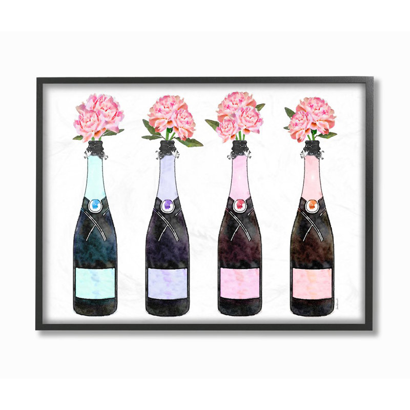 « champagne bouteilles avec pivoines », impression, H 16 po x l 20 po x P 1,5 po, Cadre noir