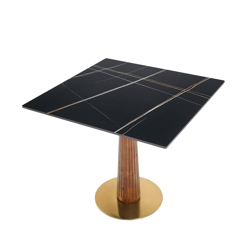 Table de salle à manger moderne carrée, table en pierre frittée avec pieds et base en bois, table de cuisine pour 2 personnes