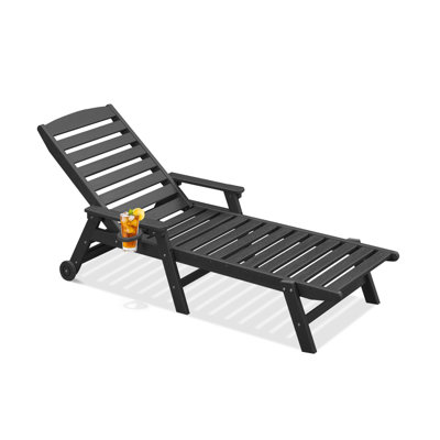 SeeHill HDPE Patio Chaise Lounge Chair, Adjustable Outdoor Lounger, 5 Positions Poly Lounge Chair with Wheels & Cup Holder, HDPE Outdoor Patio Lounge by Winston Porter