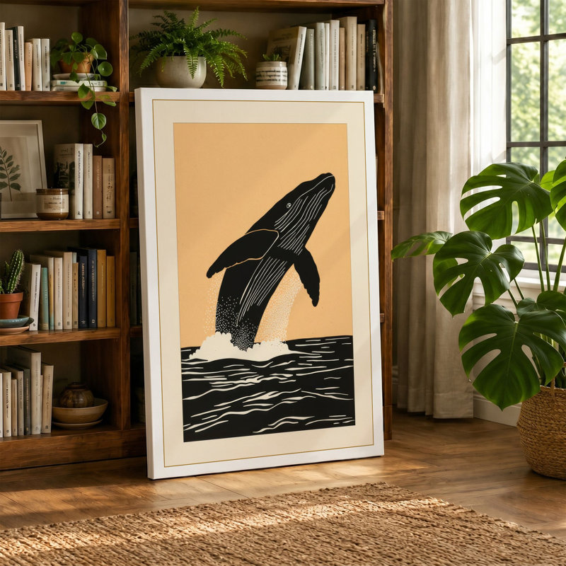 Breaching Whale Coastal - Wrapped Canvas, 18x12 - 45.7 x 30.5 cm, Ochre Border