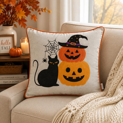 Halloween Black Cat Throw Pillow Set of 2 with Embroidered Pumpkin Design