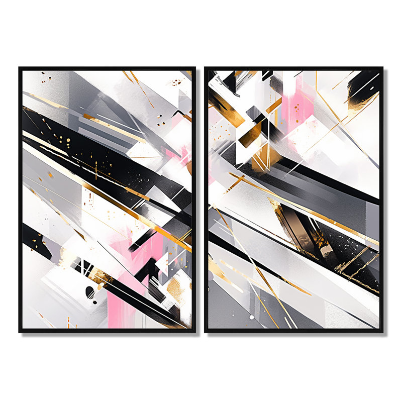 «Pink Grey Gray Symmetometric Abstract - Large Cubism Canvas Wall Art 2-Panels», 36" H x 48" W, Impression encadrée flottante