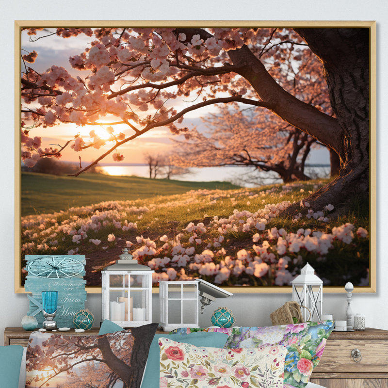 «Pink Cherry Blossom Field II», reproduction sur toile, 34" H x 44" W, Cadre naturel flottant