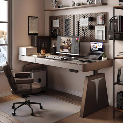 Bureau à hauteur réglable moderne et luxueux brun électrique | Bureau d'ordinateur de qualité supérieure enveloppé de cuir de qualité supérieure pour bureau personnel