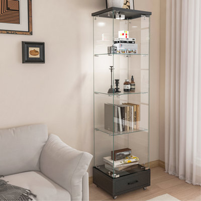 Vitrine moderne en verre avec tiroir, armoire antique à assemblage rapide avec lumières DEL, bibliothèque en verre trempé, armoire de rangement à 1 porte avec 4 tablettes pour le salon et la chambre à coucher