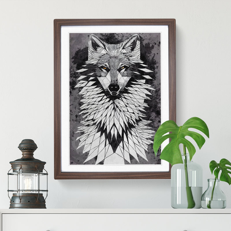 Abstract Watercolour Wolf No.1 - Single Picture Frame Painting, 46cm H x 34cm W x 2cm D, Walnut Framed