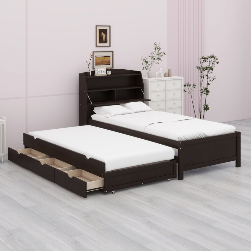 Lit plateforme en bois avec lit gigogne et tête de lit à DEL avec tiroirs, Lit simple, Gris