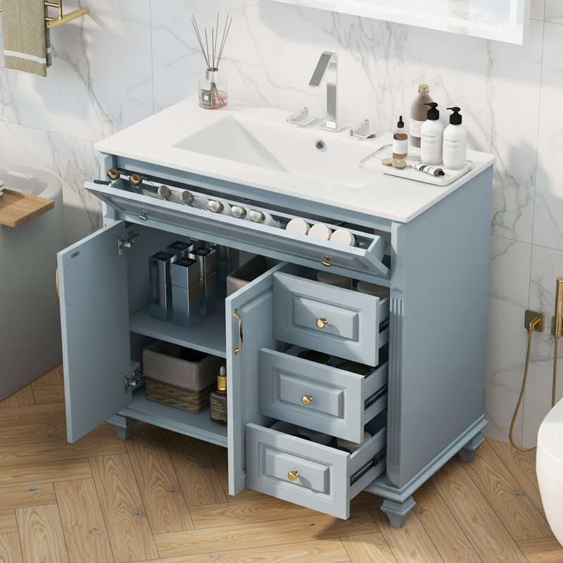 36" Bathroom Vanity With Sink, Freestanding Cabinet And Space-saving Storage, Blue/Gold 