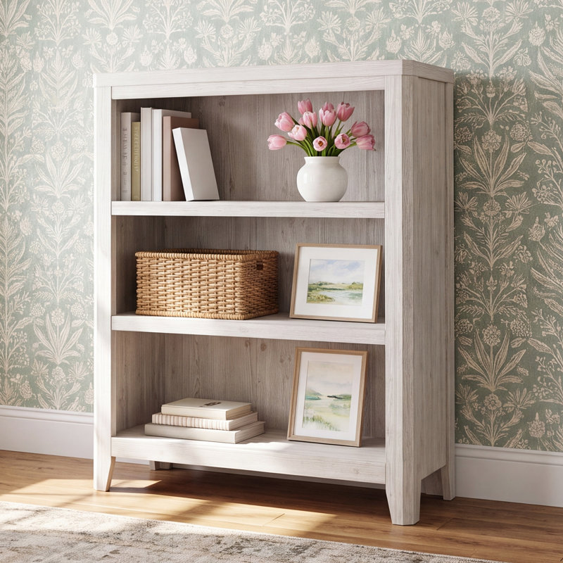Herrington 3-Tier Solid Wood Bookcase, Washed Linen